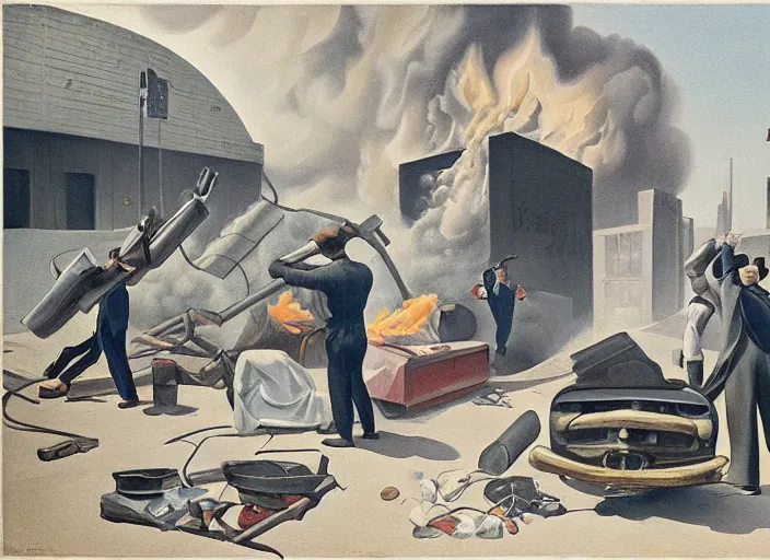 Prompt: people standing around a burning dumpster, an art deco painting by thomas hart benton, austin briggs, john philip falter, cg society, american scene painting, dystopian art, american realism, academic art