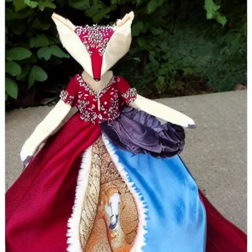 Image similar to a toy fox wearing a beautiful queen dress, highly detailed, exquisite, fabulous