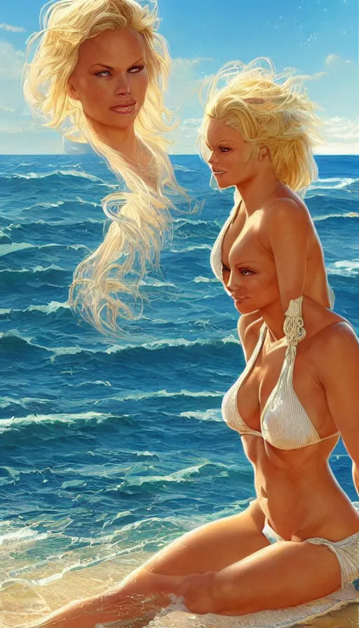 Prompt: beautiful cottagecore pamela anderson baywatch, blonde Hair, sunny beach, intricate, elegant, highly detailed, digital painting, artstation, concept art, smooth, sharp, focus, illustration, art by artgerm and greg rutkowski and alphonse mucha