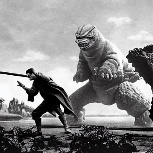 Image similar to Jedi fighting Godzilla, 1940s photograph