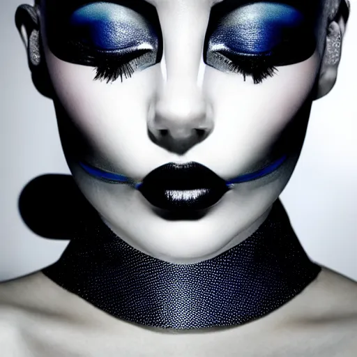 Image similar to high fashion photography of a model in neo futurism white sci - fi makup, transparent cloth, beautifully lit