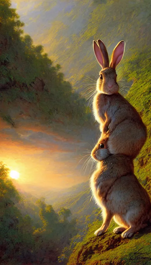 Image similar to hyper realistic rabbit looking off of a cliff, sun setting behind rabbit, lush forest in valley below, painted by james gurney, gaston bussiere, craig mullins, j. c. leyendecker 8 k