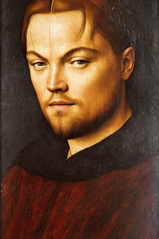 Image similar to 1 4 0 0 s renaissance portrait of leonardo dicaprio oil painting by jan van eyck, northern renaissance art, oil on canvas, wet - on - wet technique, realistic, expressive emotions, intricate textures, illusionistic detail