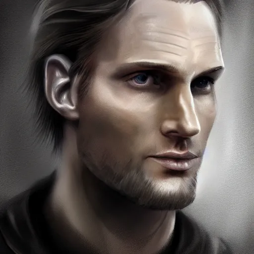 Prompt: a man who looks like a mixture between Ryan Golsing, Alexander Skarsgård and Antony Starr, wearing black sweater, scifi, highly detailed portrait, digital painting, artstation, concept art, smooth, sharp foccus ilustration, Artstation HQ.