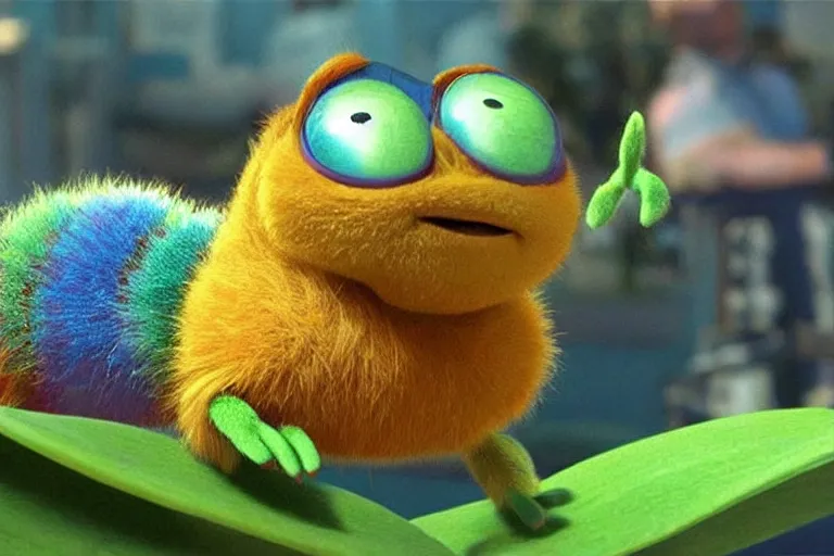 Image similar to disney pixar's a bug's life, cgi caterpillar colorful, furry caterpillar