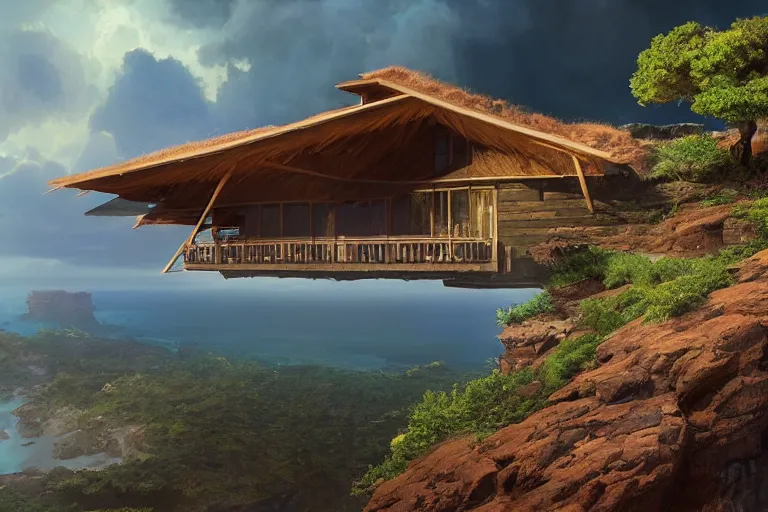 Image similar to lovely a - frame home sits atop a broad cliff, overlooking the entirety of the blue sky, digital painting by greg rutkowski and gaston bussiere, zbrush, cgsociety contest winner, comprehensive art, intricate, landscape photography, brightly radiant atmosphere, overcast sky, homogeneous to hawaii, 4 k, 8 k