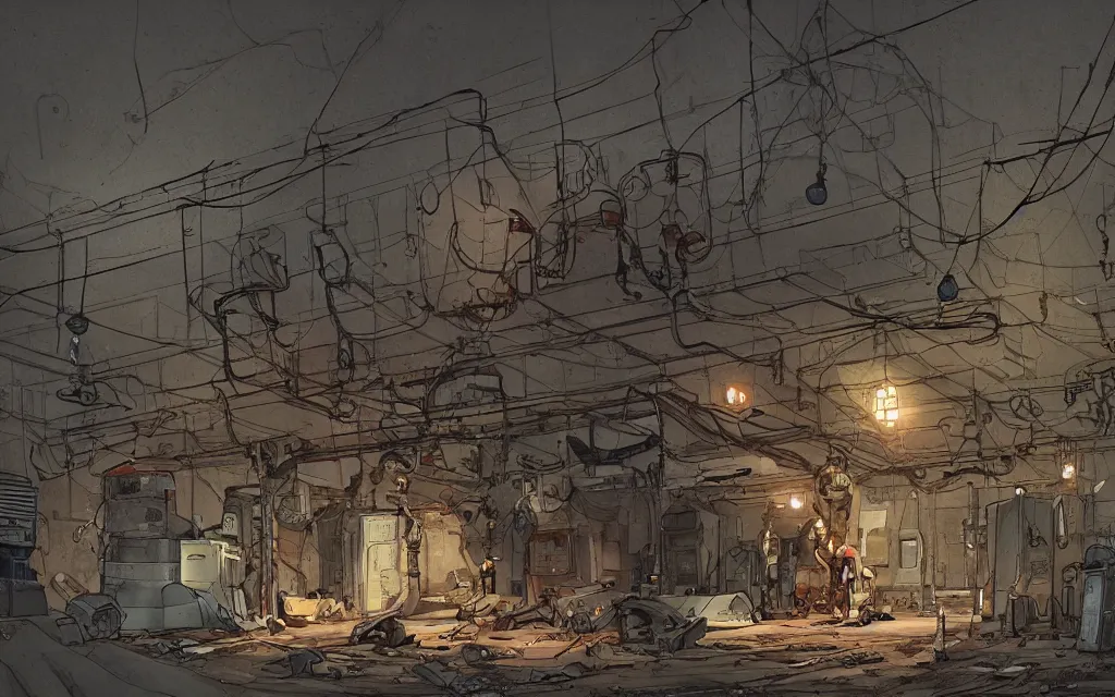 Image similar to 3 bunker under the ground, with vestiges of rusty machinery, little light, many wires on the floor, sparks of electricity, lugubrious , illustrated by Patrick Gleason, Clayton Henry, Esteban Jorge Segovia, Abigail Larson, InHyuk Lee, Roberto Poggi detailed art, artstation, comic art