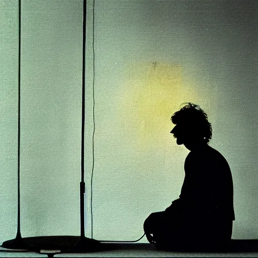 Prompt: a man sitting on the floor in front of a lamp, a surrealist painting by Syd Barrett, cg society, video art, movie still, reimagined by industrial light and magic, pre-raphaelite