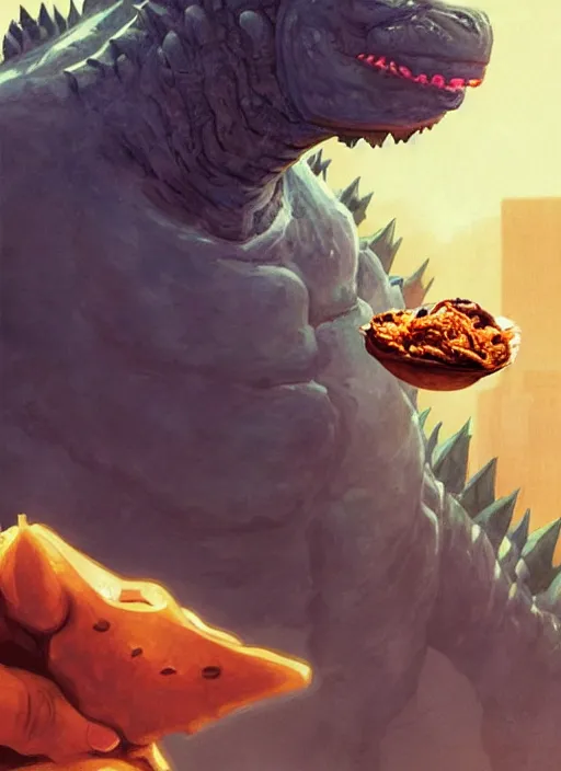 Image similar to beautiful portrait of Godzilla eating a beef and bean burrito from chipotle. character design by charlie bowater, ross tran, artgerm, and makoto shinkai, detailed, inked, western comic book art