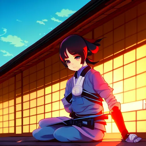 Image similar to digital anime art in the style of netflix arcane, cute female ninja sitting on an old japanese roof at golden hour, soft azure blue eyes, close up, wlop, ilya kuvshinov, backlit