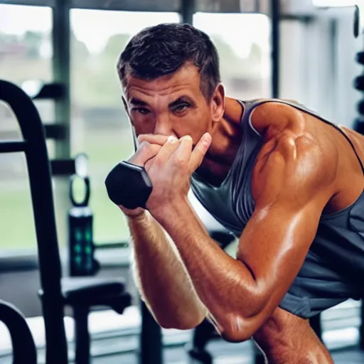 Shrek with six-pack abs working out at the gym