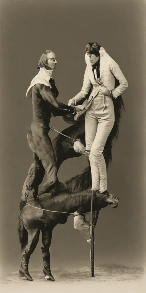 Image similar to t rex and a horse wearing high heels shaking hands. Business men, anamorphic, strange, black and white, photograph, 1850s