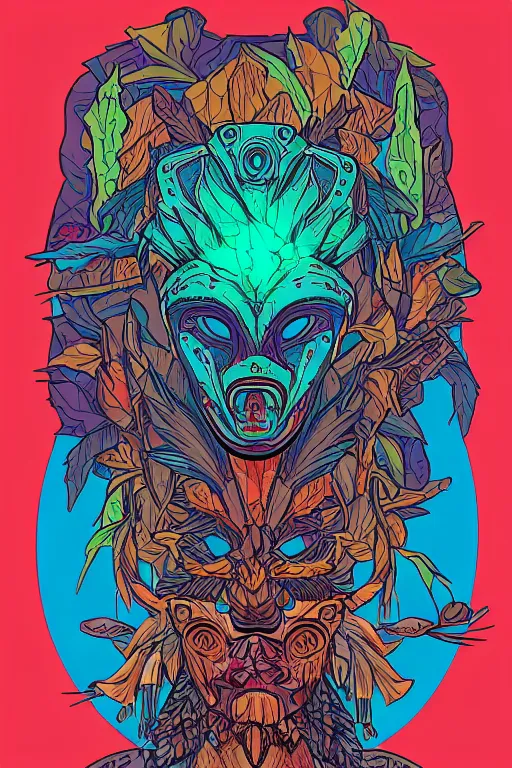 Image similar to animal mask totem roots flower tribal feather gemstone plant wood rock shaman vodoo video game vector cutout illustration vivid multicolor borderlands comics by josan gonzales and dan mumford radiating a glowing aura