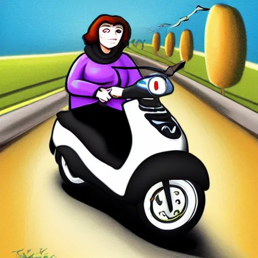 Image similar to artwork of kitboga as edna driving a scooter