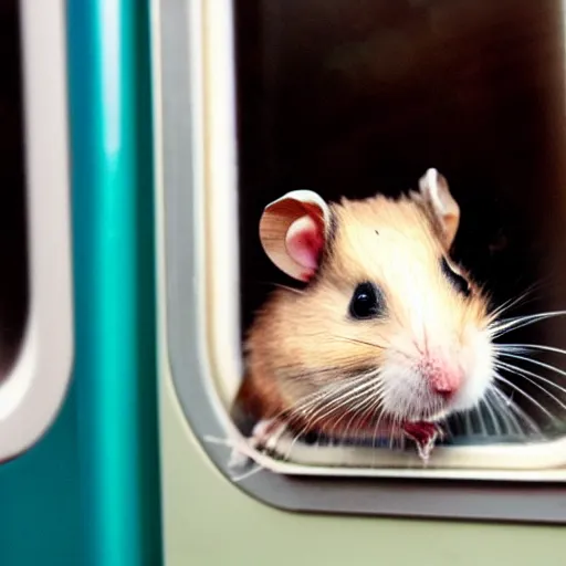 Image similar to photo of a hamster inside a train, looking out of a train window, various poses, unedited, soft light, sharp focus, 8 k