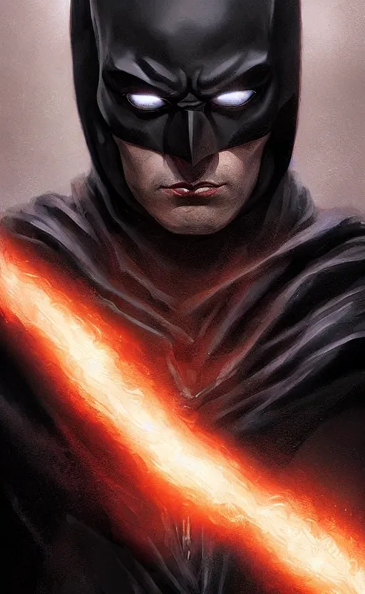 Image similar to Portrait of batman in a black cloak, black hair, glowing eyes, male, detailed face, fantasy, highly detailed, cinematic lighting, digital art painting by greg rutkowski