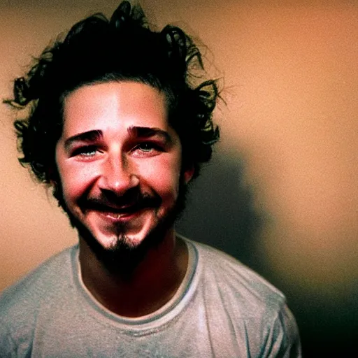 Prompt: Shia Labeouf as an animatronic, smiling eerily, sublighting, Eastman Color Negative II 100T 5247, ARRIFLEX 35 BL Camera