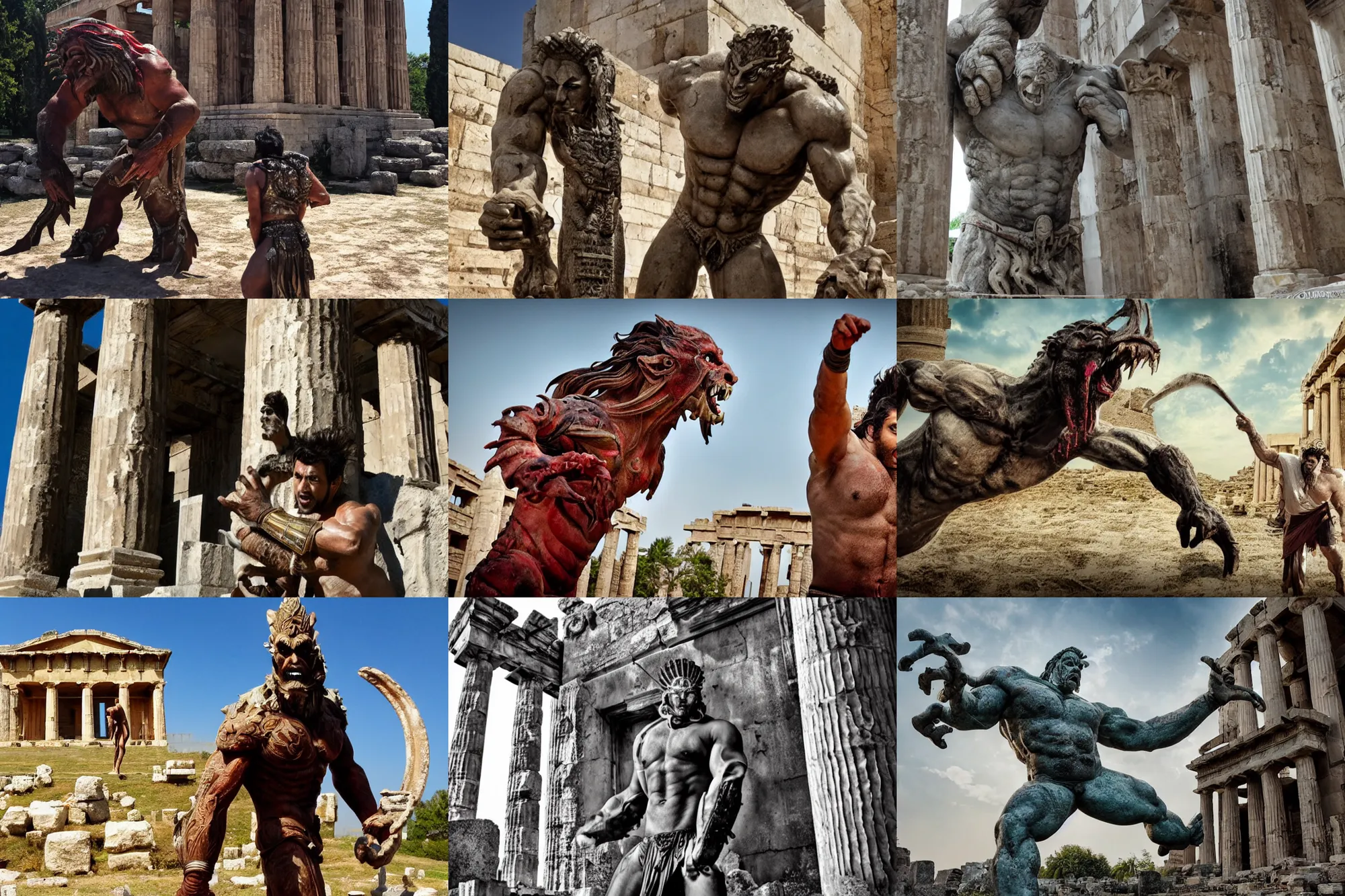 Prompt: large, brutal monster. outside of ancient greek temple. bollywood fantasy action movie still.