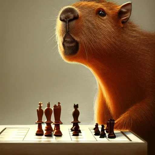 Image similar to detailed photorealistic painting of a capybara holding a chess piece, sharp focus in the style of ruan jia, Mandy jurgens, cinematic light, concept art, trending on artstation, ultra realistic