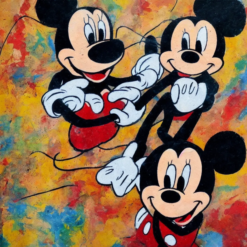 Prompt: degraded mickey mouse painted in extremely thick heavy impasto