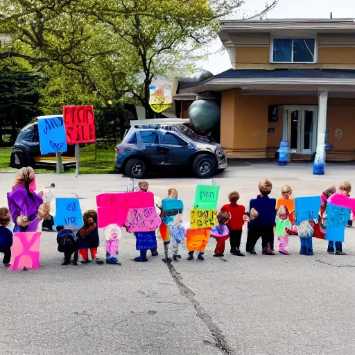 Prompt: babies protesting in front of a daycare