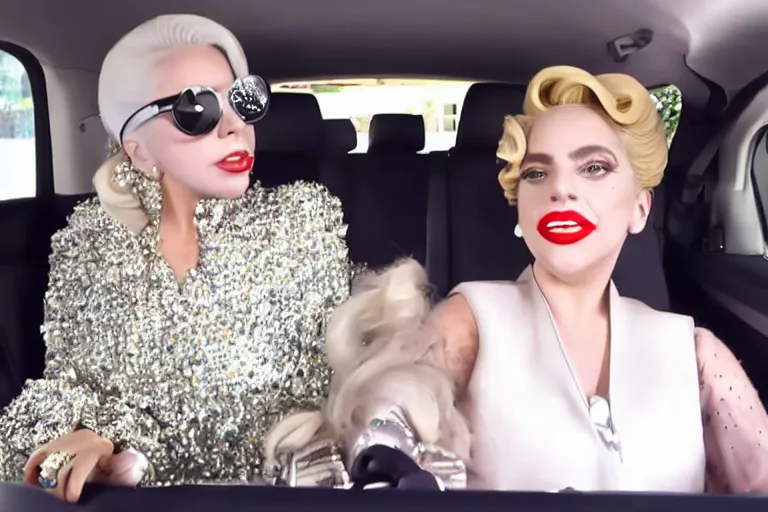 Image similar to lady gaga and judy garland carpool karaoke, highly realistic, highly detailed, high resolution, 8 k 4 k,