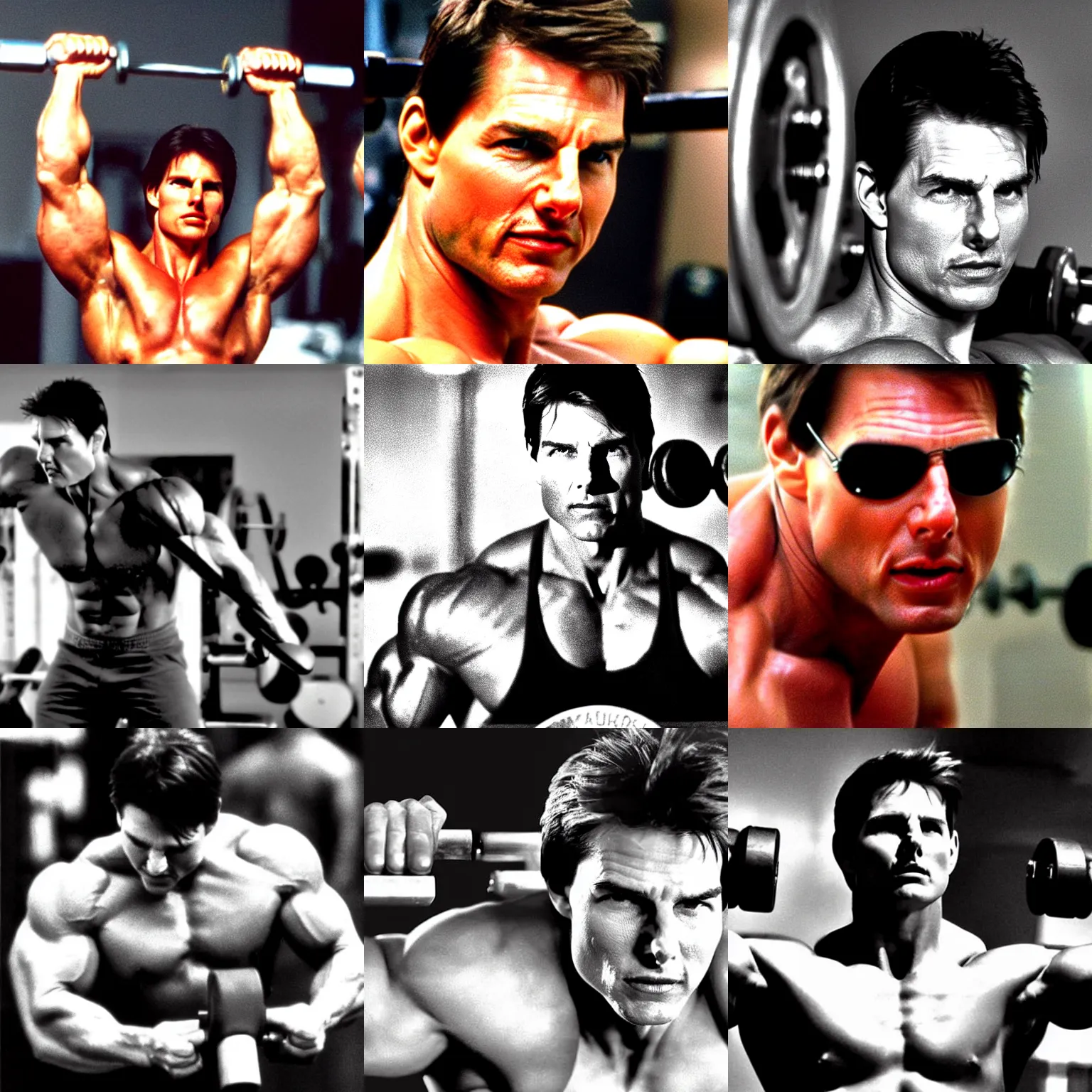 Prompt: tom cruise steroid monster pumping iron, real still photograph close up looks at the camera