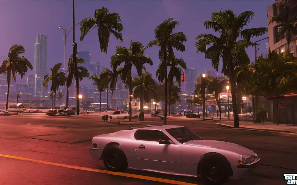 Prompt: still next - gen ps 5 game grand theft auto 6 2 0 2 4 remaster, graphics mods, rain, red sunset, people, rtx reflections, gta vi, miami, palms and miami buildings, photorealistic screenshot, unreal engine 5, 4 k, 5 0 mm bokeh, gta vice city remastered, artstation