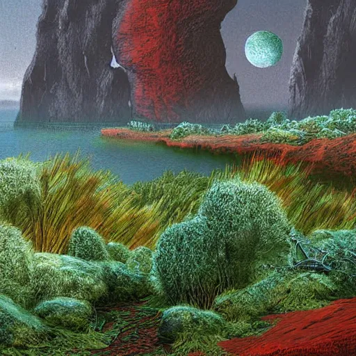 Prompt: digital art of a lush natural scene on an alien planet by lurid ( 2 0 2 2 ). beautiful landscape. weird vegetation. cliffs and water. grainy and rough. interesting colour scheme. soft warm colours. high quality render.