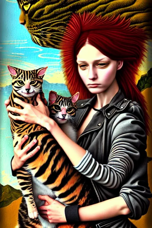 Image similar to punk rock girls making selfie with cats in jungle , mad max jacket, post apocalyptic, renaissance, highly detailed, digital painting, oil painting by Leonardo Da Vinci, hyper realistic style, fantasy by Olga Fedorova