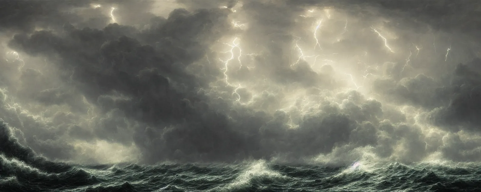 Prompt: A beautifully strange photoillustration of thunder lightning and waves by Benoit B. Mandelbrot, Gustave Dore, Martin Johnson Heade, Lee Madgwick, and Caspar David Friedrich, Sci-fi fantasy mystical ocean waves thunderstorm lightning, realistic painting, classical painting, high definition, digital art, matte painting, very detailed, realistic, Unreal Engine, octane render, vray, 4k, super wide angle