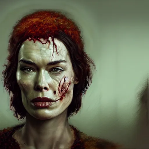 Image similar to color head portrait of lena headey promoting a skin care product as a zombie, 7 days to die zombie, gritty background, fine art, award winning, intricate, elegant, sharp focus, cinematic lighting, digital painting, 8 k concept art, art by michael hussar, art by brom, art by guweiz and z. w. gu, 8 k