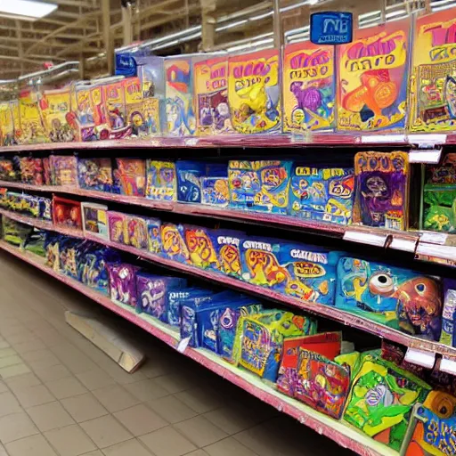 Image similar to aisle at toys are us but the shelves are full of loving goblins