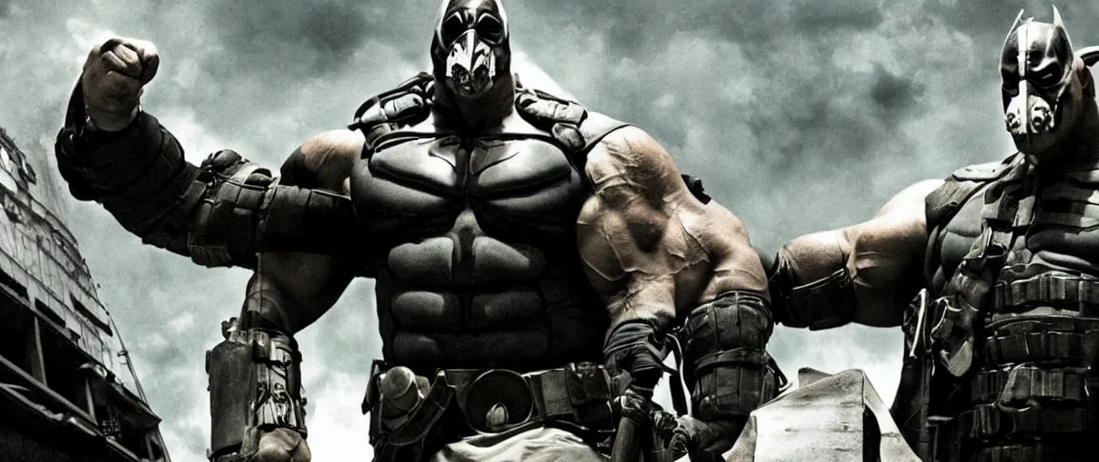 Prompt: A promotional photo of Bane. He's a big guy for you; The Dark Knight Returns