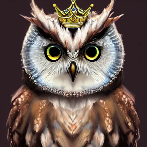 Image similar to detailed portrait of a magical owl, wearing a diamond crown, glowing feathers, digital art, realistic, dnd, character design, artstation