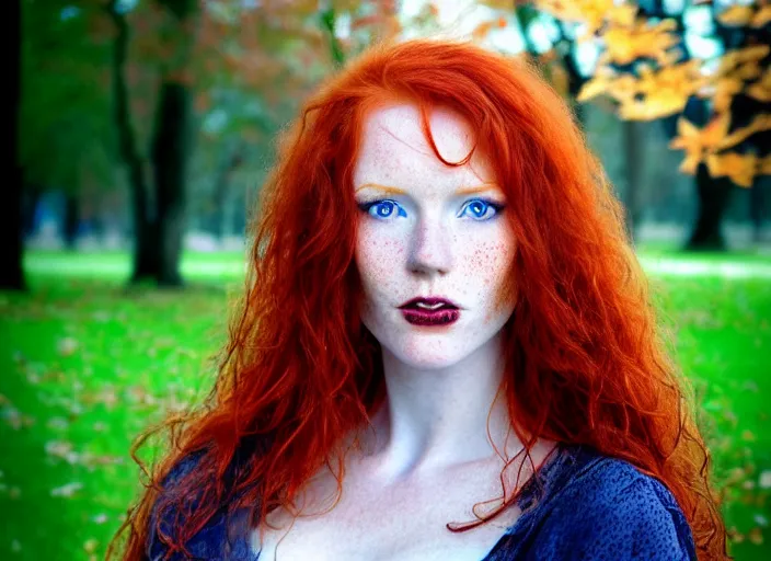 Image similar to award winning 8 5 mm close up face portrait photo of a redhead with deep red hair, freckles and blue eyes in a park by luis royo.