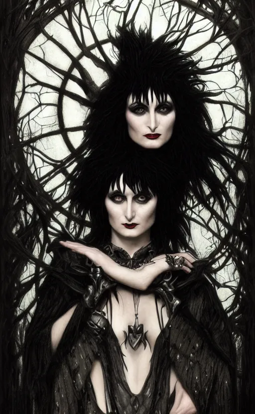 Image similar to portrait of siouxsie sioux, dark and ethereal, expressive pose, peaceful expression, dark gothic dress, fantasy, intricate, dark forest background, highly detailed, digital painting, artstation, concept art, smooth, sharp focus, illustration, art by artgerm and greg rutkowski and alphonse mucha