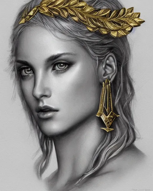 Image similar to front view of beautiful aphrodite greek goddess wearing a gold laurel wreath and triangle earrings, hyper - realistic tattoo sketch, beautiful piercing eyes with sharp pupils, beautiful blonde hair, in the style of greg rutkowski, fantasy, amazing detail, epic, elegant, smooth, sharp focus