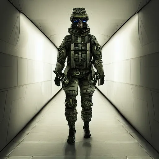 Image similar to futuristic soldier, in a futuristic hallway, digital art