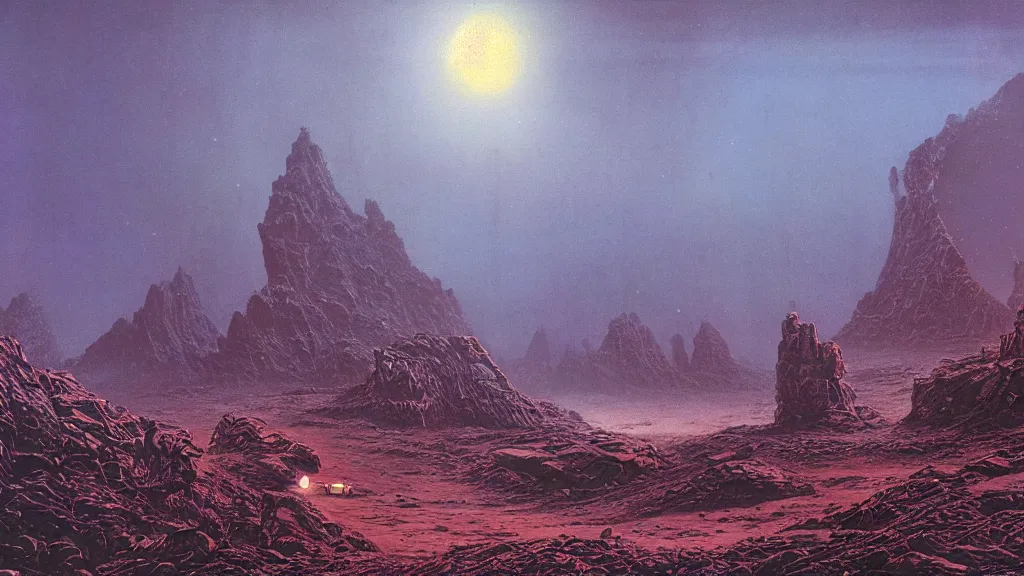 Image similar to eerie atmospheric alien planet by angus mckie and bob eggleton and chris moore, epic cinematic matte painting