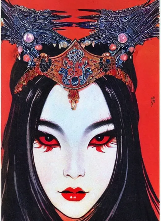 Image similar to female korean vampiress, jeweled headdress, heavy mascara, strong line, saturated color, beautiful! coherent! by frank frazetta, high contrast, minimalism