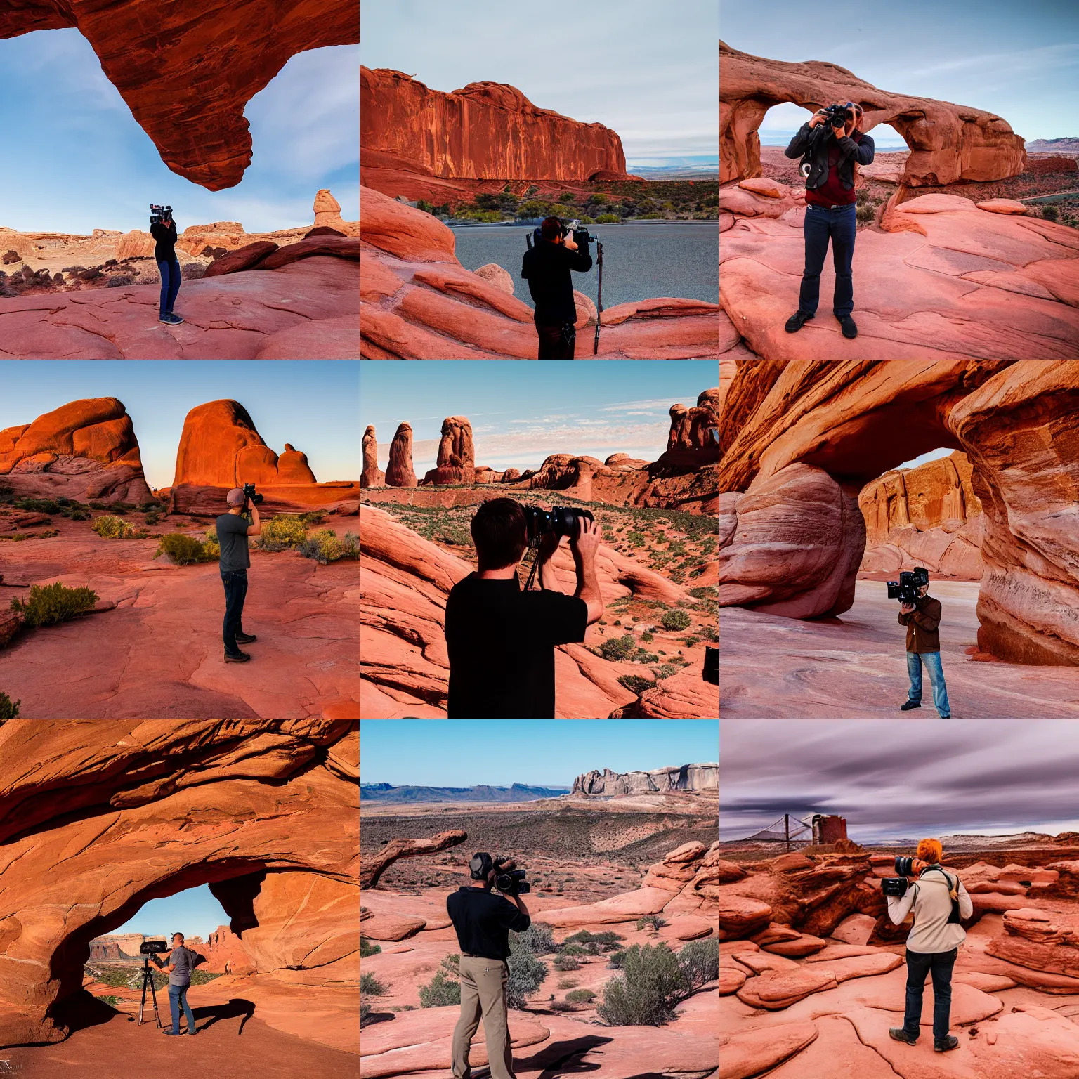 Prompt: photographer with a large format camera photographing the golden gate bridge made out of rock in arches national park