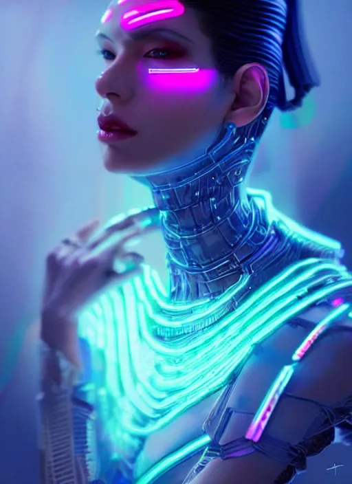 Image similar to a latino female humanoid, cyber neon lighting, futurism, cyberpunk high fashion, glamor profile pose, hyper photorealistic, intricate futuristic jewelry, crispy quality, digital photography, trending in artstation, trending in pinterest, cinematic, 4 k ultra hd, art by pascal blanche, art by greg rutkowski,