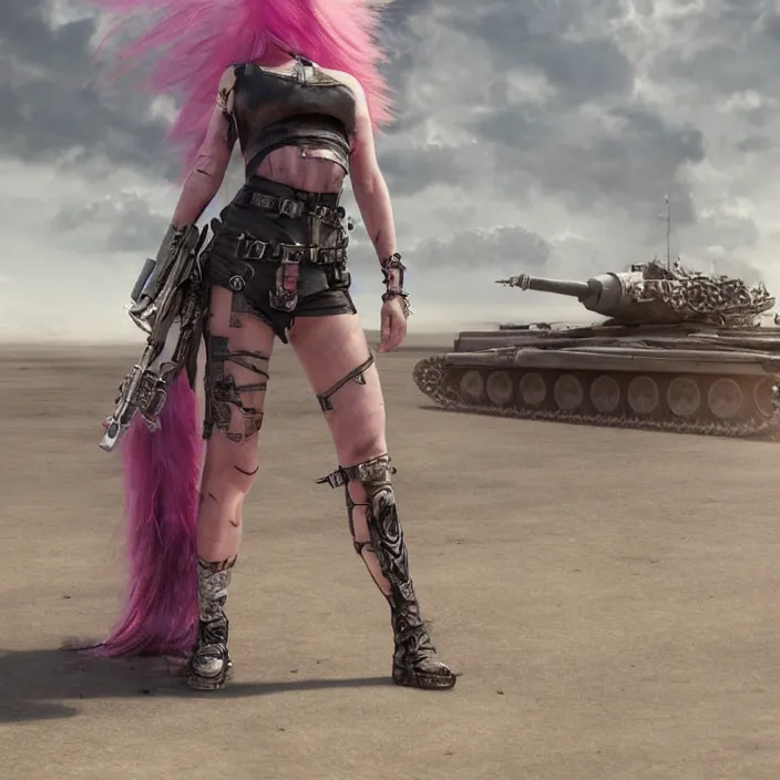 Image similar to realistic beautiful apocalyptic woman with pink Mohawk, standing on mad max panzer tank, 4k ultra hd, fantasy dark art, tank girl, artstation, octane render