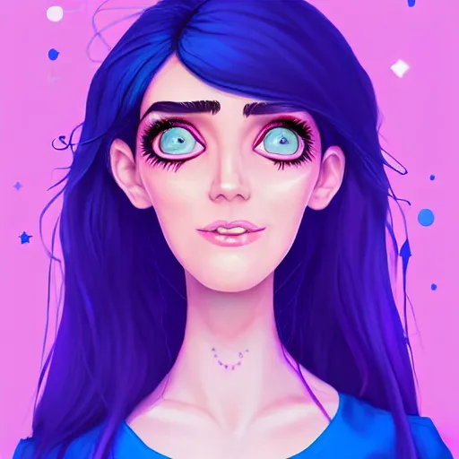 Prompt: beautiful witch female, Jennifer Connelly, blue and purple glowing hair, smiling, clear clean face, two perfect eyes, perfect eyes perfect symmetrical eyes, symmetrical face, blurry background, pose, Alexandra Fomina artstation, face by Ilya Kushinov style, style by Loish, painterly style, flat illustration, high contrast