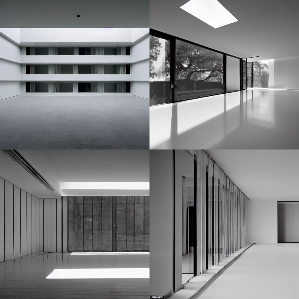 Prompt: A stark and minimalist apartment building, with bare white walls and an empty swimming pool. There are no people or animals in sight, but there is a feeling of being watched. Designed by Mies van der Rohe and photographed by Andreas Gursky