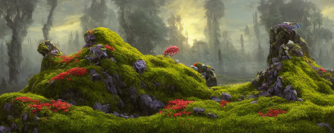 Image similar to sculpture made of flowers and moss, beautiful dynamic lighting, cinematic, wide angle establishing shot, extremely high detail, photo realistic, cinematic lighting, post processed, concept art, artstation, matte painting, style by frederic church, raphael lacoste, unreal engine 8k