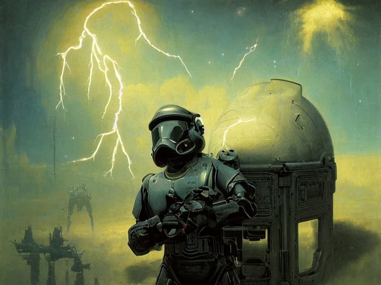 Prompt: a detailed profile oil painting of a lone shock trooper in a space armour with reflective helmet, cinematic sci-fi poster. technology flight suit, bounty hunter portrait symmetrical and science fiction theme with lightning, aurora lighting clouds and stars by beksinski carl spitzweg and tuomas korpi. baroque elements, full-length view. baroque element. intricate artwork by caravaggio. Trending on artstation. 8k