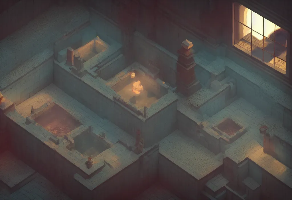 Image similar to isometric magicavoxel Bloodborne japanese bath house no mand sky cinematic lighting, 4k