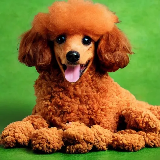 Image similar to An adorable yummy poodle made out of delicious greasy crispy fried chicken, high resolution photo